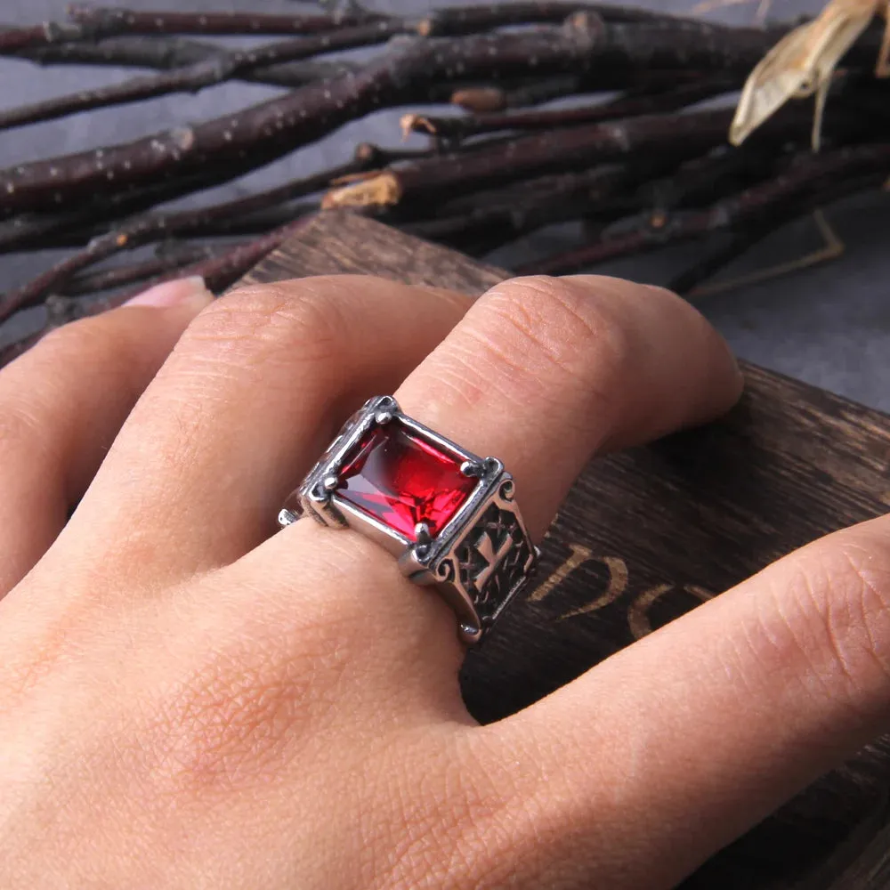 Punk Cross Casting Prong Setting Red CZ Stone Viking Ring