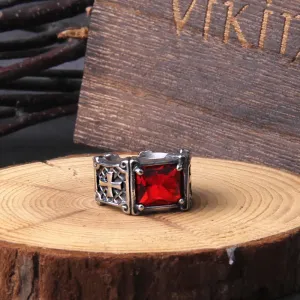 Punk Cross Casting Prong Setting Red CZ Stone Viking Ring