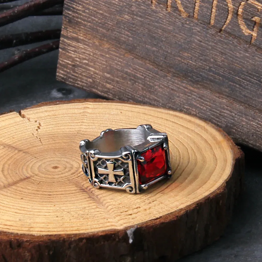 Punk Cross Casting Prong Setting Red CZ Stone Viking Ring