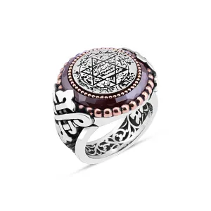 Red Circle Agate Stone Around Solomon's Seal Silver Men's Ring Siding Triangular Braid Pattern