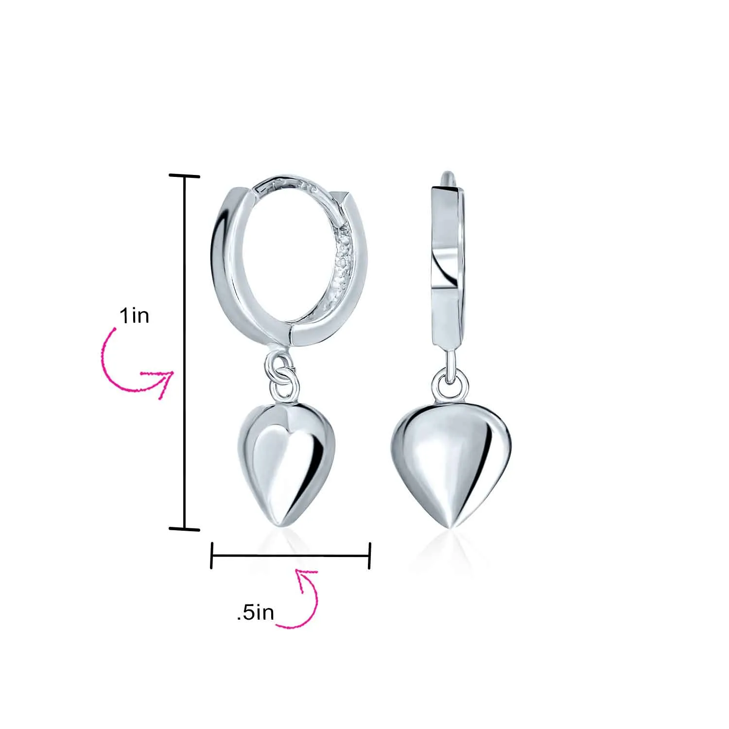 Romantic Love Heart Dangle Earrings in  Sterling Silver Huggie Mini Hoops