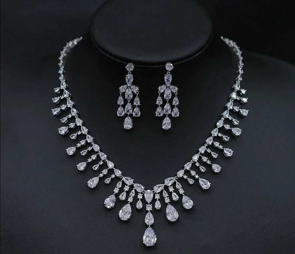 Silver Color Cubic Zirconia Bridal Party Wedding Necklace Earrings Jewelry Set