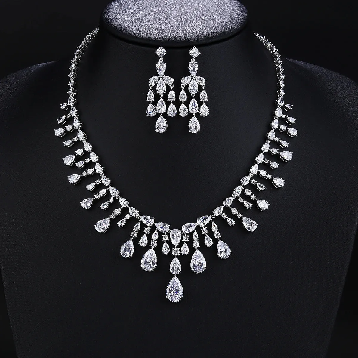 Silver Color Cubic Zirconia Bridal Party Wedding Necklace Earrings Jewelry Set