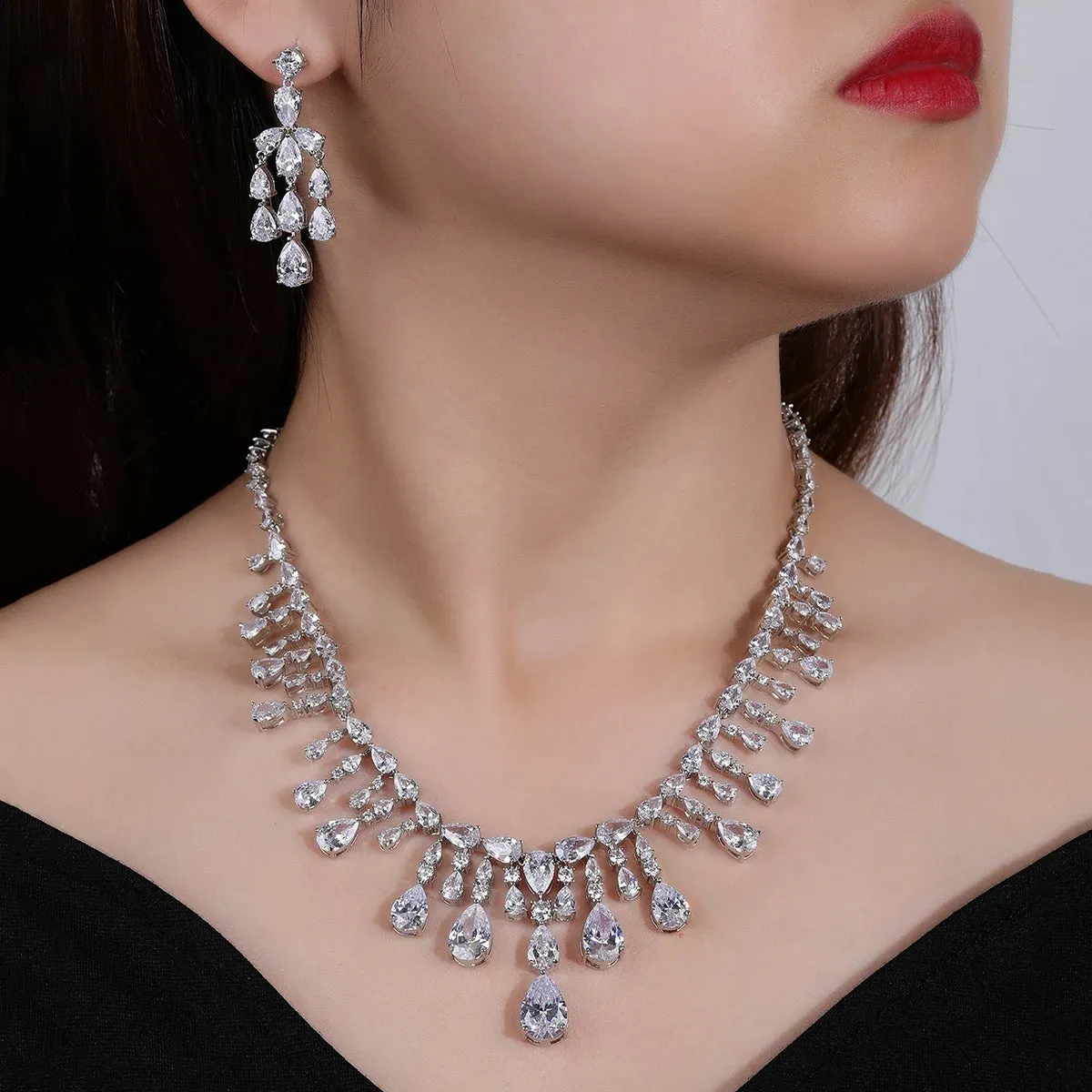 Silver Color Cubic Zirconia Bridal Party Wedding Necklace Earrings Jewelry Set