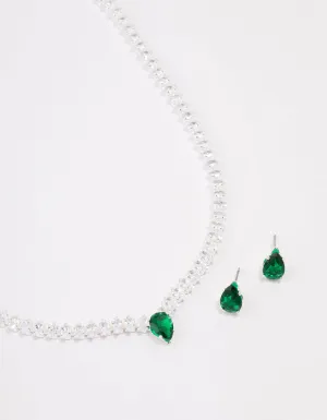 Silver Emerald Navette Jewellery Set