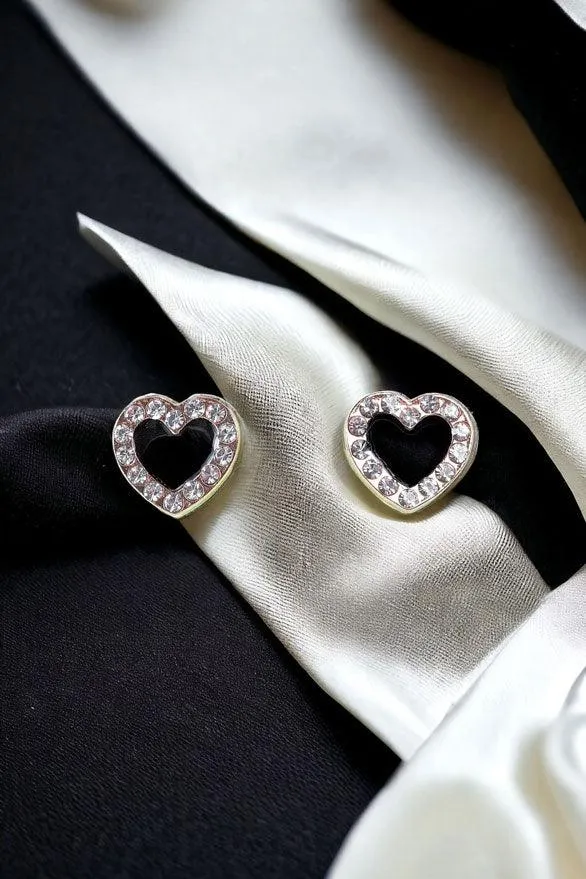 Small Gold Black Diamonds Incrustation Heart Shaped Stud Earrings