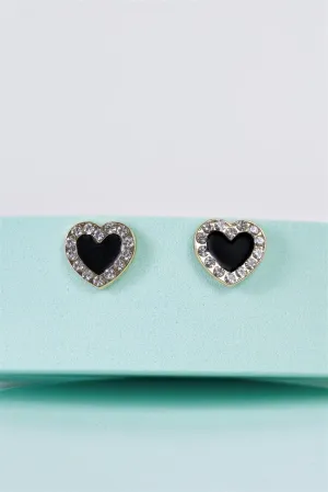 Small Gold Black Diamonds Incrustation Heart Shaped Stud Earrings