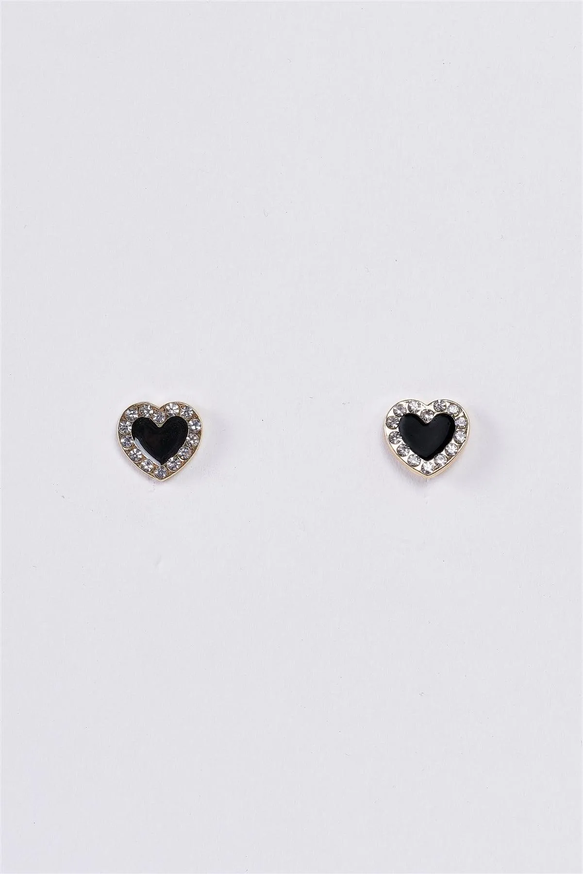 Small Gold Black Diamonds Incrustation Heart Shaped Stud Earrings