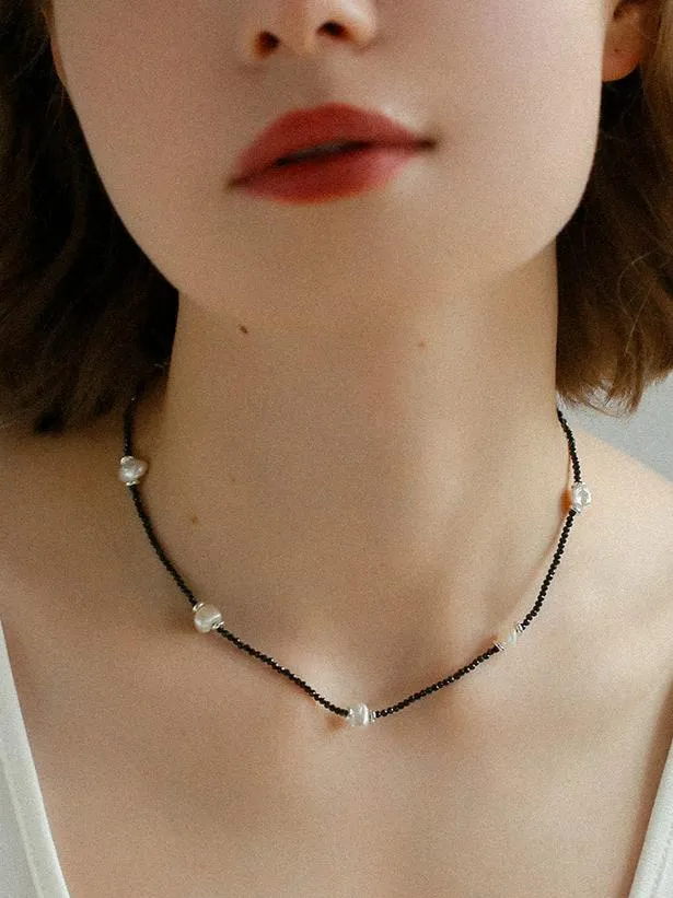 Small Petal Baroque Pearl and Black Spinel Beaded Necklace