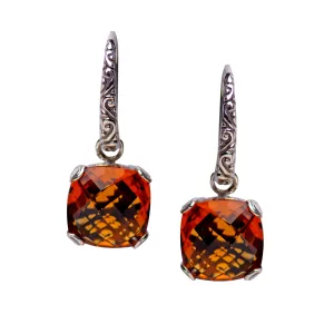 Square Citrine Quartz Silver Dangle Earrings