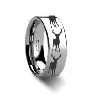 Stag Fawn Deer Elk Print Engraved Flat Tungsten Ring - 4mm - 12mm