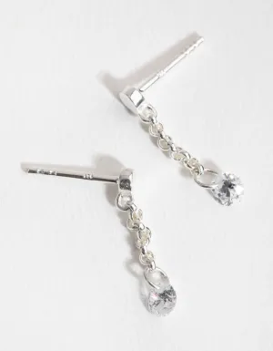 Sterling Silver Mini Cubic Zirconia Chain Drop Earrings