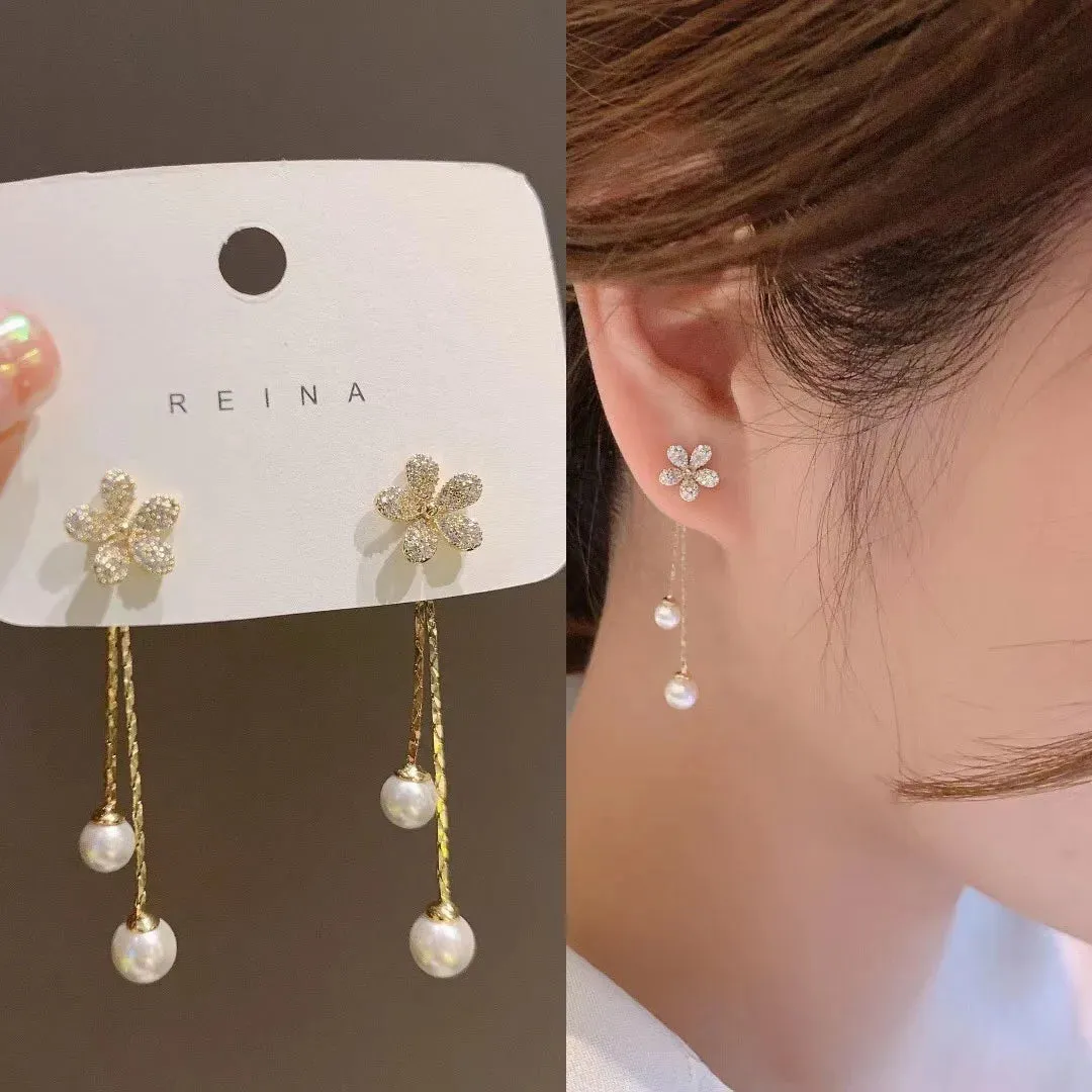 Trend Simulation Pearl Long Earrings Female Moon Star Flower Rhinestone Wedding Pendant Earrings Fashion Korean Jewelry Earrings