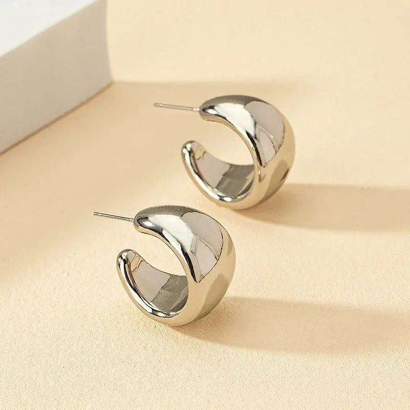 Trendy Simple Silver Color Hoop Earrings for Women Fashion Circle Round Minimalist Earrings Party NEW C-shape Jewelry Gifts