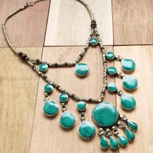 Two tier tribal green stone boho necklace