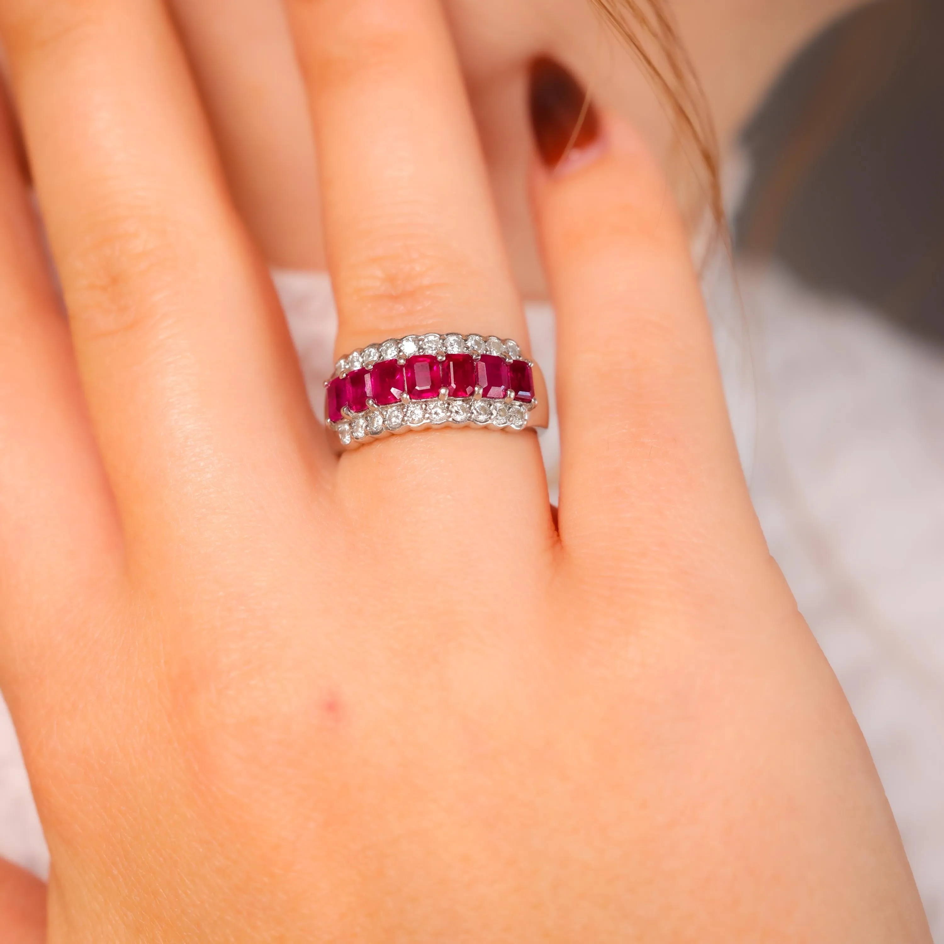 Vintage 1.97 carat total weight ruby diamond platinum band