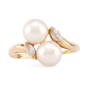 Vintage Pearl Diamond 14K Yellow Gold Toi Et Moi Ring