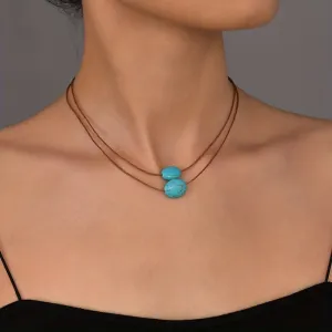 Vintage Turquoise Pendant Double Layer Necklace for Women