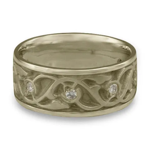 Wide Tulips and Vines Wedding Ring With Diamonds in 18K White Gold