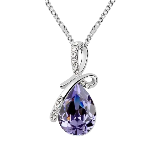 Women Swarovski Crystals Tear Drop Pearl Shape Pendant Necklace