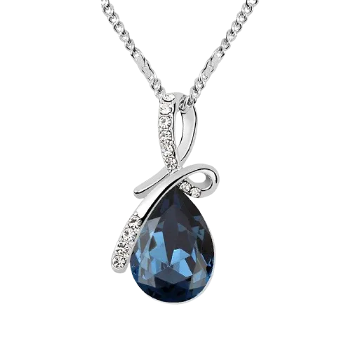 Women Swarovski Crystals Tear Drop Pearl Shape Pendant Necklace