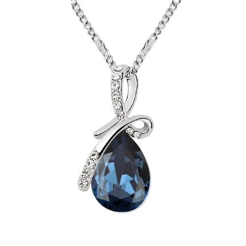 Women Swarovski Crystals Tear Drop Pearl Shape Pendant Necklace