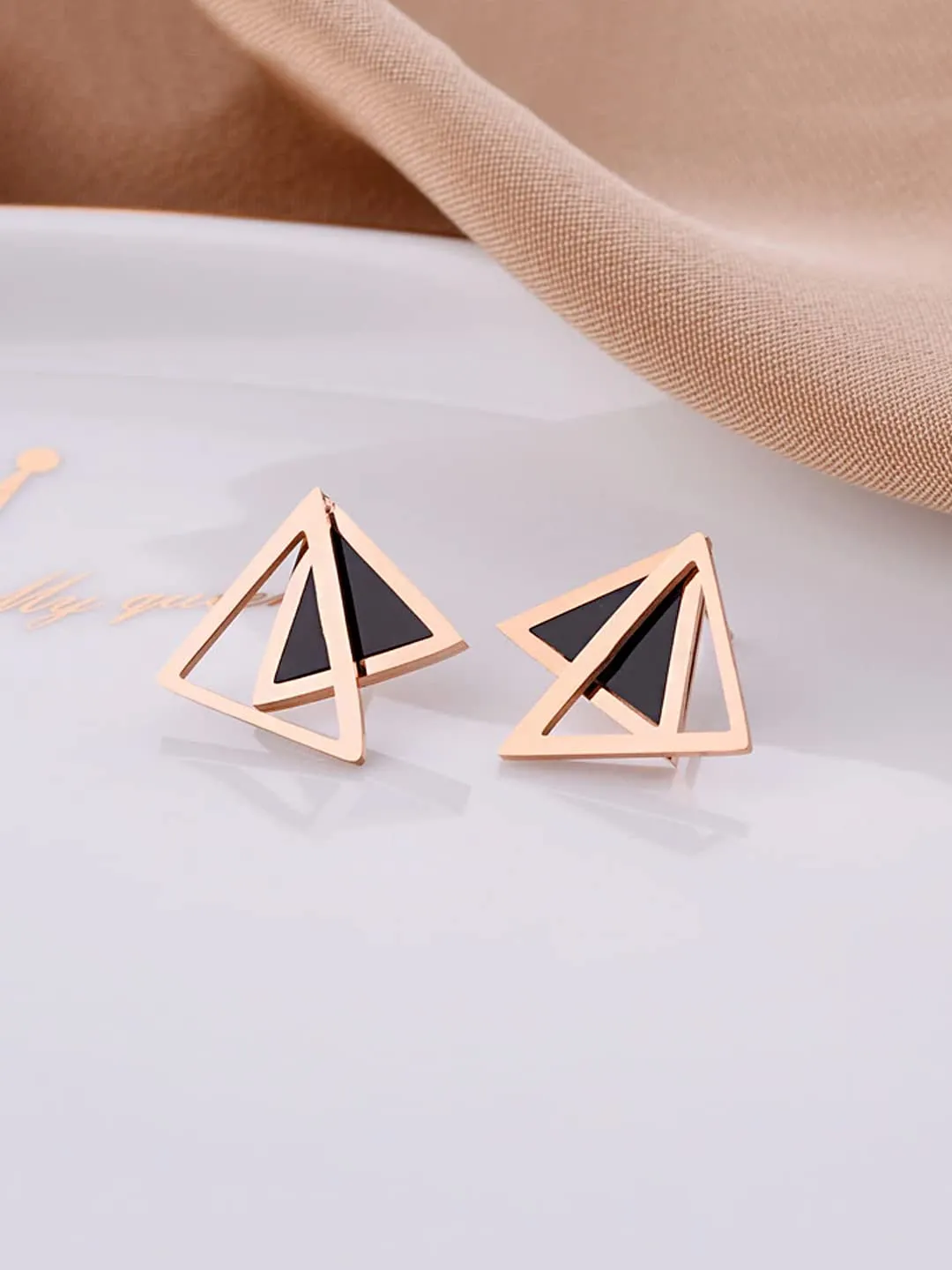 Yellow Chimes Stud Earrings for Women Western Rose Gold Plated Stainless Steel Black Triangular Studs Earrings For Women and Girls