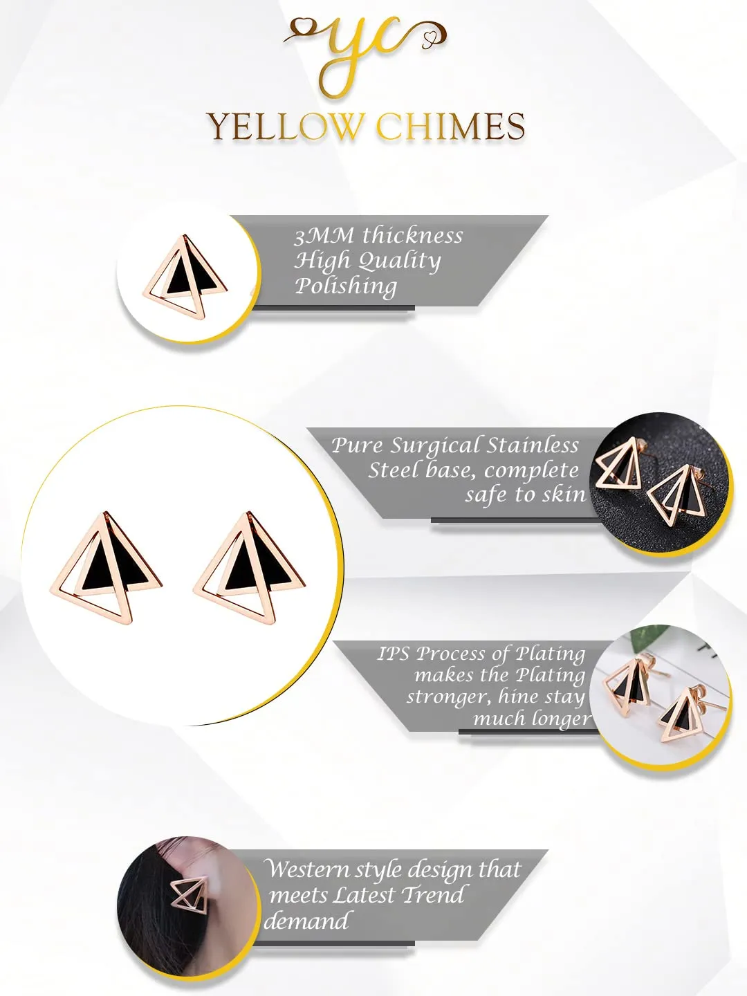 Yellow Chimes Stud Earrings for Women Western Rose Gold Plated Stainless Steel Black Triangular Studs Earrings For Women and Girls