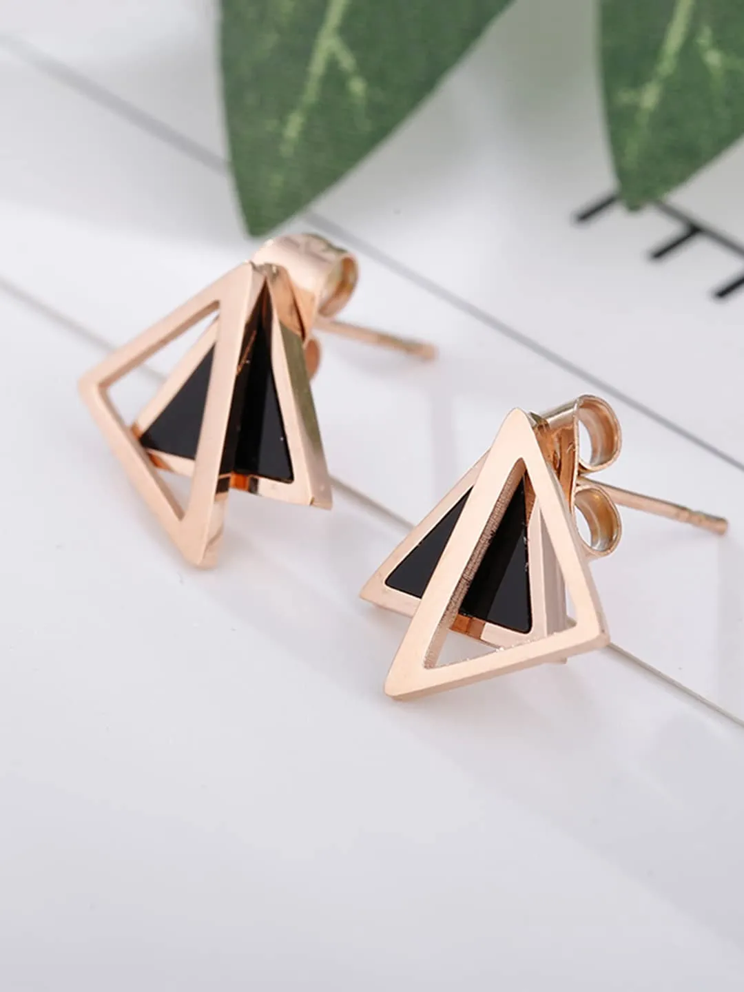 Yellow Chimes Stud Earrings for Women Western Rose Gold Plated Stainless Steel Black Triangular Studs Earrings For Women and Girls