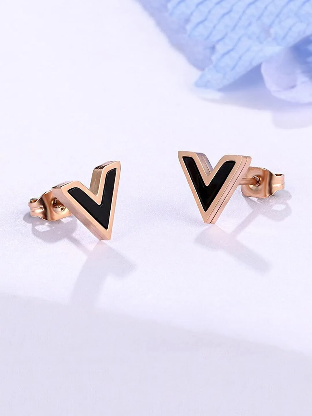 Yellow Chimes Stud Earrings for Women Western Rose Gold Plated Stainless Steel Black V-Shaped Studs Earrings For Women and Girls