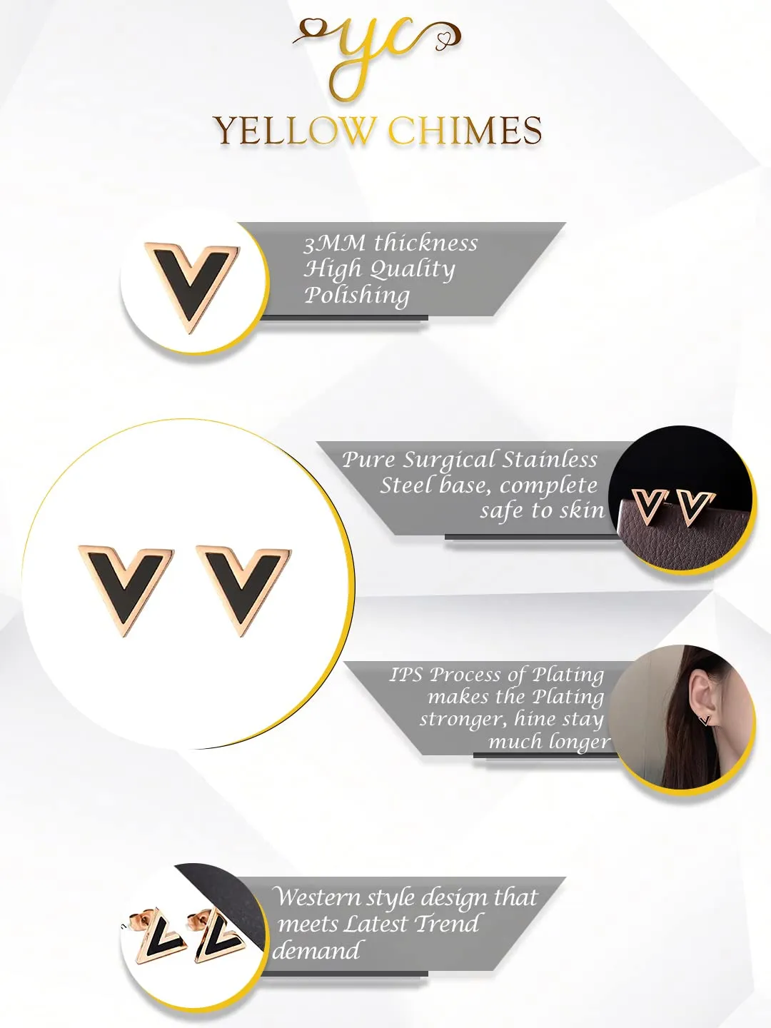 Yellow Chimes Stud Earrings for Women Western Rose Gold Plated Stainless Steel Black V-Shaped Studs Earrings For Women and Girls