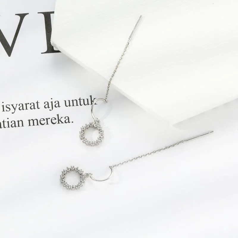 Zircon Circle Long Tassle Ear Line Silver Drop Earrings for Women